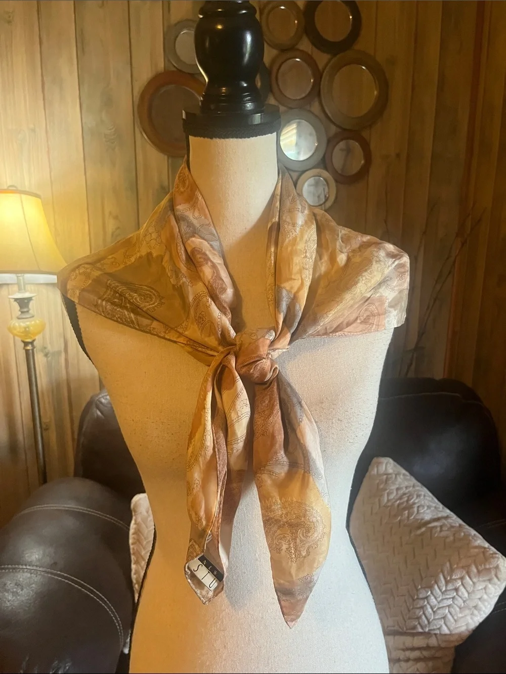 Paisley Silk Gold & Tan Versatile Classic Minimalist Scarf Neutral Lightweight